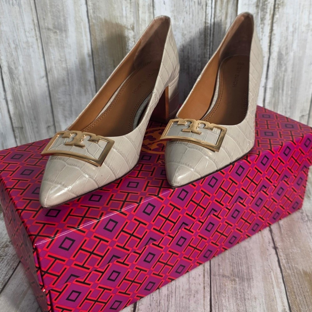 Tory Burch Eleanor Beige Croc Embossed Leather Pointed Toe Block Heel Pumps 5M - Picture 2 of 15